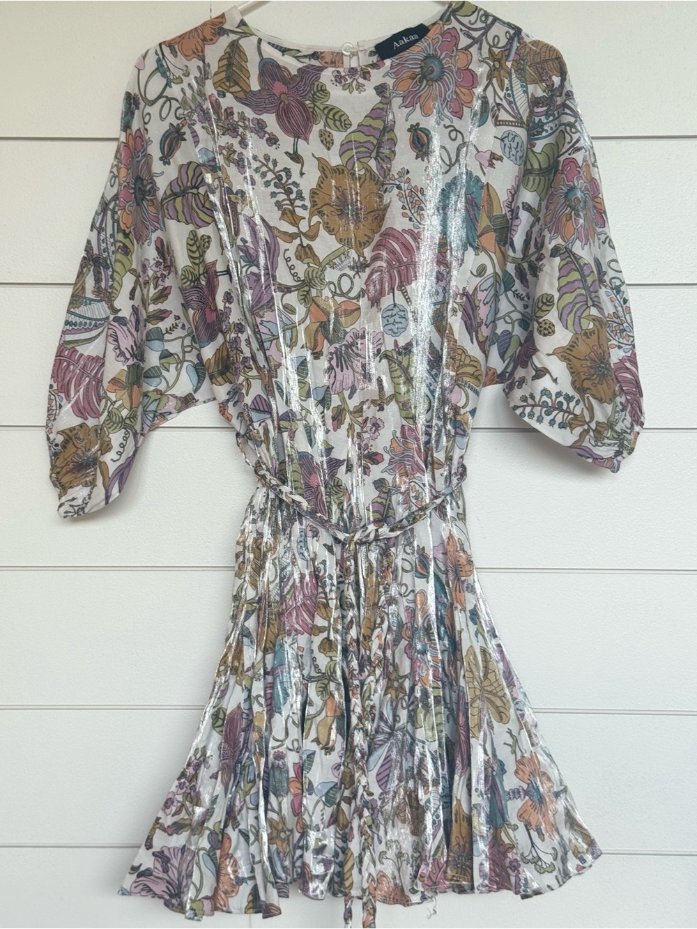 Floral White Multicolor Pleated Tie-Waist Dress